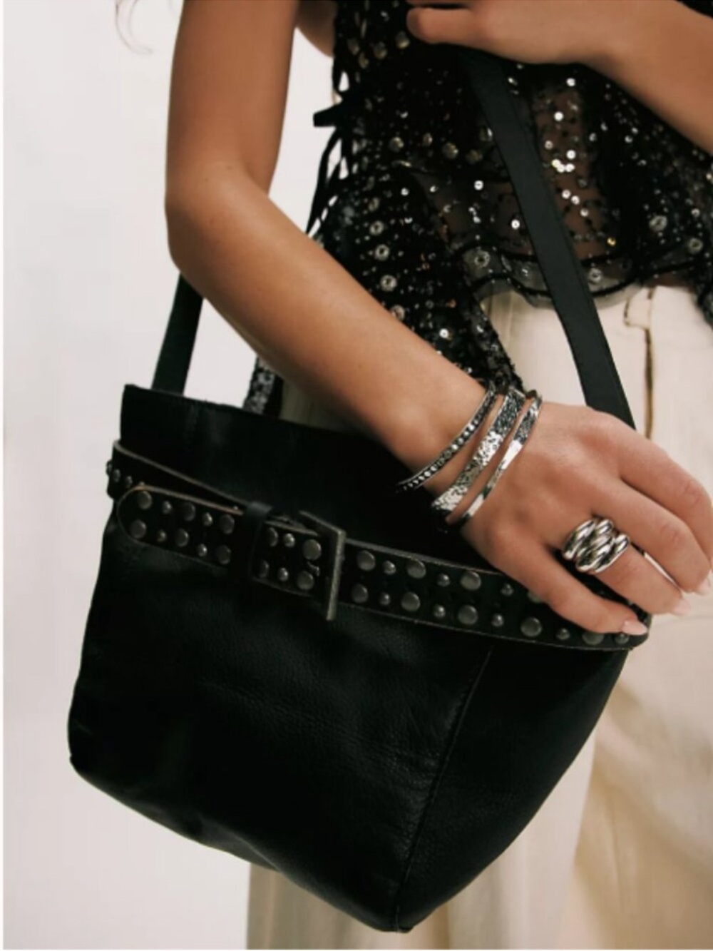 Free People Black Leather Studded Belt-Detail Bucket Shoulder Bag - Picture 3 of 9